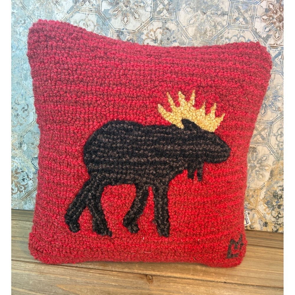 4 Corners Throw Pillow Moose Hooked Wool Lodge Decor 10x10 Red Excellent